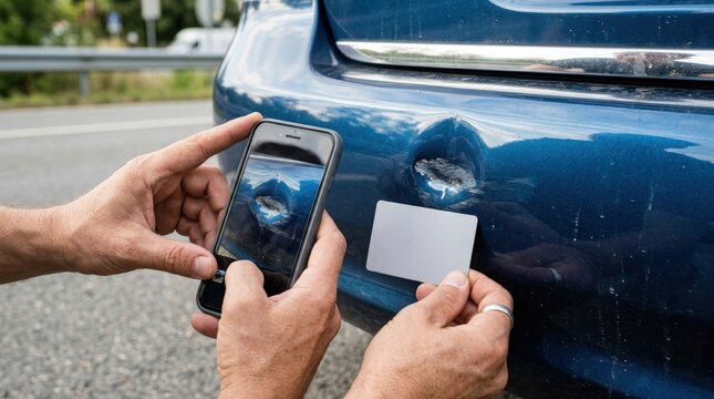 Person photographing car bumper dent for insurance documentation