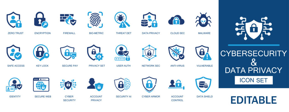 Cybersecurity and data privacy solid icon set. Includes network encryption, biometric security, AI Security and cloud protection. Vector assets for network security and identity protection.