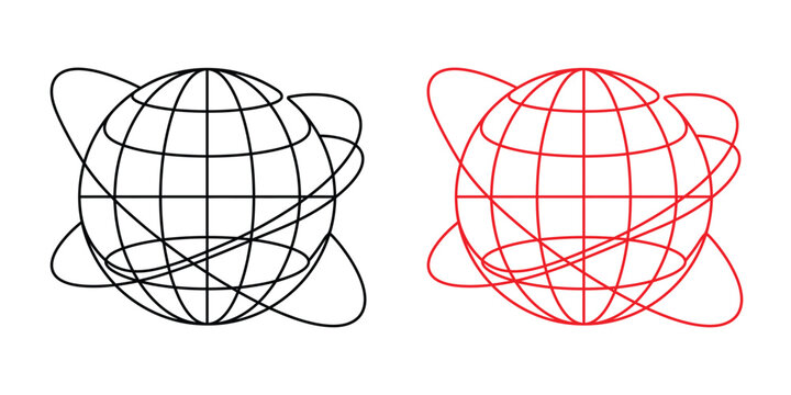Wireframe globe with orbiting lines in black and red colors  3D illustration