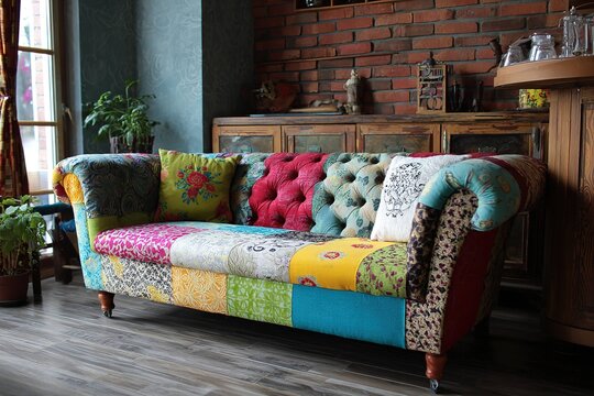 patchwork fabric sofa cover in mixed patterns and colors