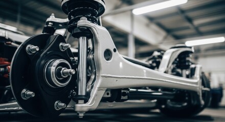 Obraz premium close-up of car suspension and wheel hub in a garage