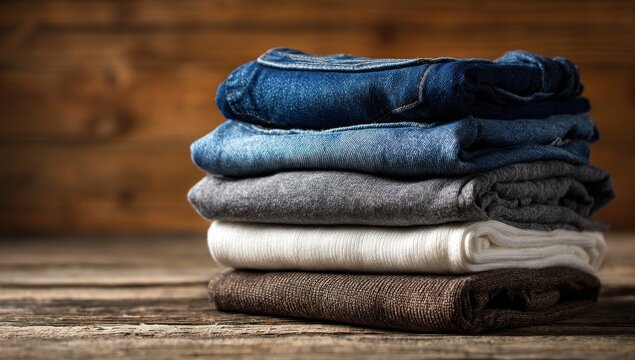 Stacked Denim Elegance: A meticulously arranged stack of folded denim garments presents a symphony of textures and shades, demonstrating a flair for order and the simple beauty of everyday items.