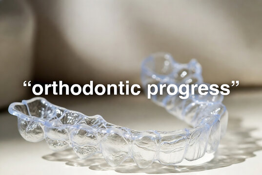 A clear orthodontic retainer rests on a reflective surface, suggesting progress in teeth alignment.