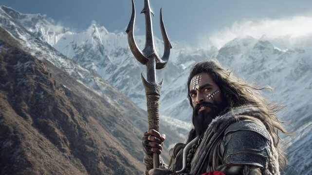 A warrior holds a trident while standing on a mountain. The sun shines brightly as he looks out at the snowy peaks in the distance. The scene shows a rugged landscape and calm skies.