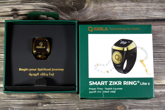 Cairo, Egypt, April 21 2026: IQibla Zikr Ring Lite S, a smart wearable device designed for Muslim prayer tracking and reminders, includes a digital tasbih (tally) counter, a prayer time reminder alert