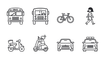 Fototapeta premium Urban Transportation Icon Set: A comprehensive collection of iconic representations of various modes of transportation in a city environment, ideal for depicting urban movement and mobility.