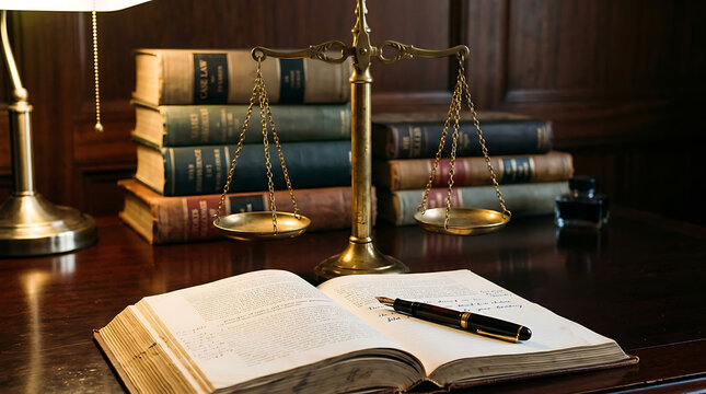 Law books and scales on a desk in a lawyer's office setting