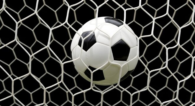 Black and white soccer ball in goal net