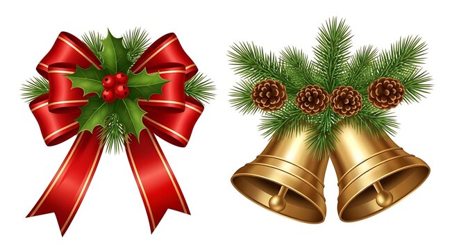 Set of elegant holiday decorations featuring red ribbon bow with holly and golden bells with pine