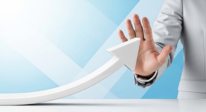 businessman wearing grey suit uses hand to stop a rising white arrow against blue background, managing economic crisis, controlling inflation, business challenge, risk prevention