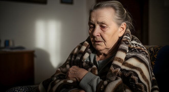 Sad and Lonely Elderly Woman Wrapped in a Blanket at Home, Experiencing Depression and Isolation in Soft Light