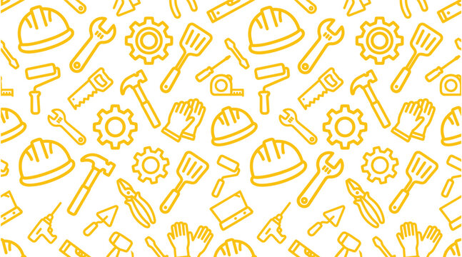 Seamless Construction Tools Pattern with Yellow Line Icons on White Background
