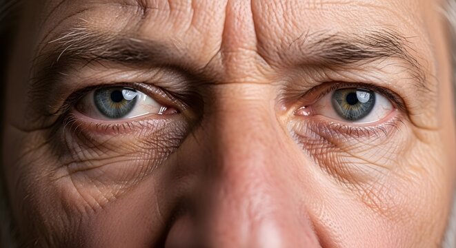 Detailed Close-up of Expressive Blue Eyes and Wrinkled Skin of an Elderly Person, Symbolizing Wisdom, Age, and Deep Thought.