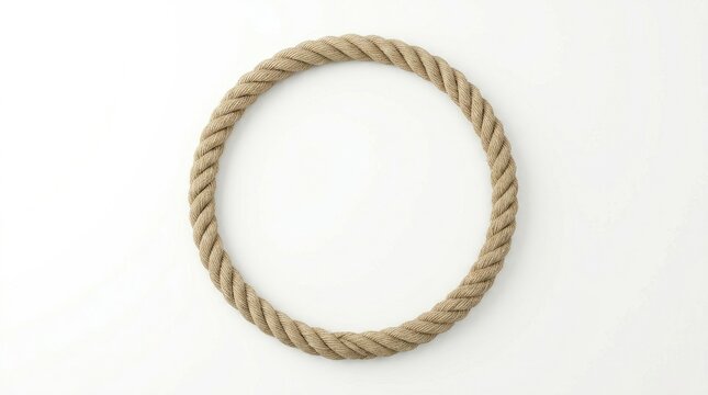 A thick, natural rope forms a perfect circle against a white and black background. The rope has a textured appearance, showcasing its woven construction.