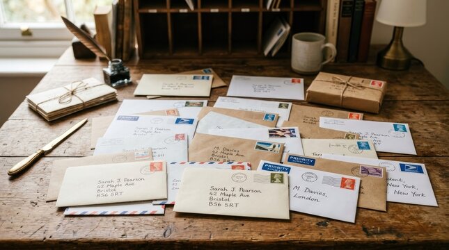 A wooden desk is covered with a stack of envelopes, each addressed with handwritten letters. A vintage fountain pen rests beside a mug of coffee.