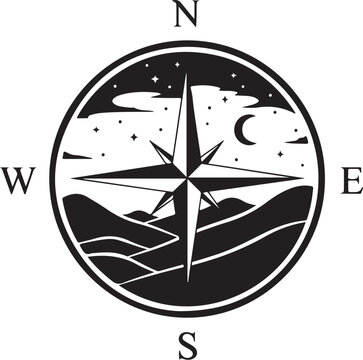 compass, navigation, black, vector icon, directional symbol, night sky, mountains
