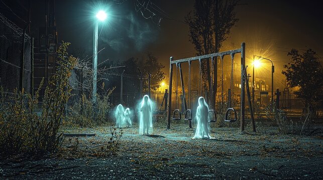 Eerie ghostly figures at night in an abandoned playground under streetlights with fog and swing set