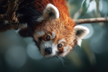 Naklejka premium Red panda hanging playful on branch