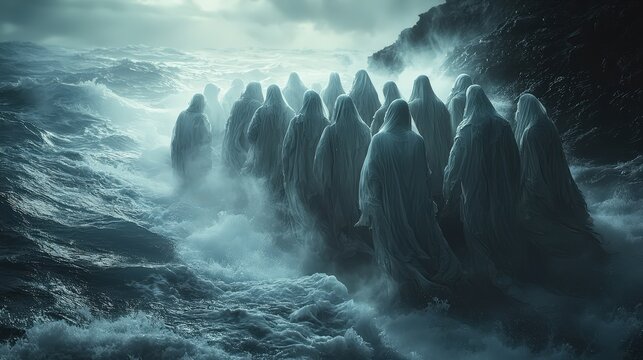 Mysterious hooded figures emerging from misty ocean waves under dramatic stormy sky near rocky coastline