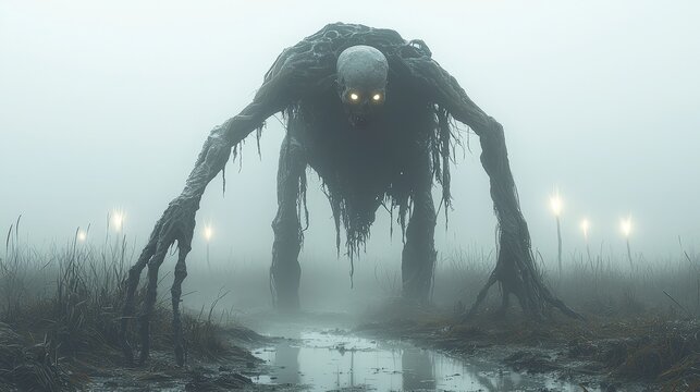 Sinister swamp monster with glowing eyes emerging from foggy marsh at night, horror creature in eerie wetlands, spooky fantasy scene