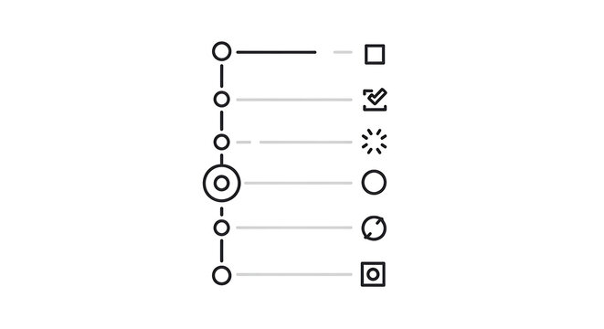 Black and white diagram icons with lines and circles on white background