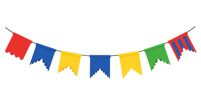 A colorful banner with triangular flags on a black background
