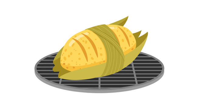 A vector graphic illustration of a tamale on a metal steamer basket