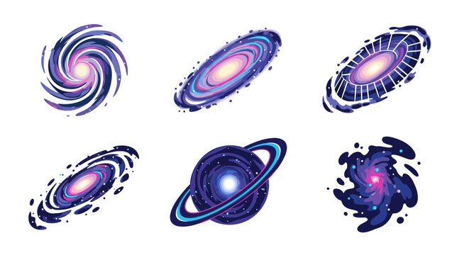 A set of six colorful galaxy illustrations on a black background