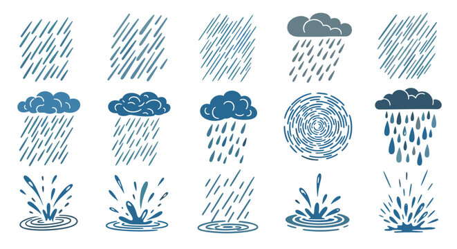 A set of blue rainfall weather icons in a minimalist flat design style