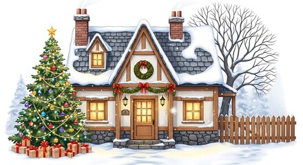 Fototapeta premium Cozy winter house decorated for christmas with a glowing tree and presents in the snowy yard