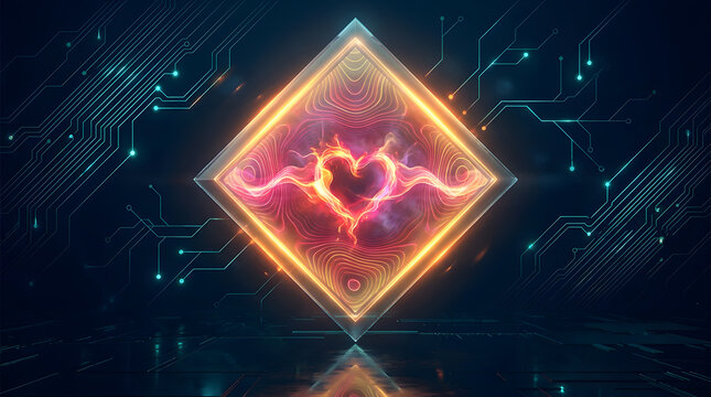 Futuristic glowing heart inside neon geometric frame with circuit network and digital data