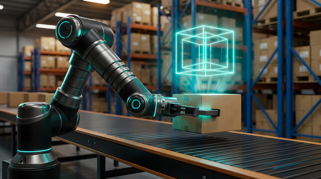 Robotic arm in warehouse scanning packages with holographic interface for logistics automation