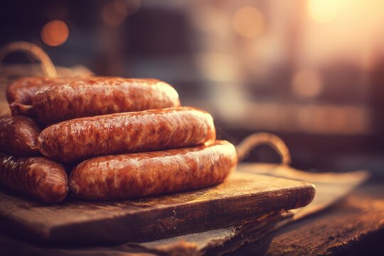 Savory sausages on rustic wooden boards