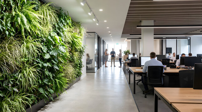 Modern office corridor with indoor plants wall and collaborative coworkers working at desks