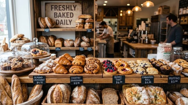 A bakery displays a variety of freshly baked breads, pastries, and tarts. A baker is working behind the counter, while a customer waits.