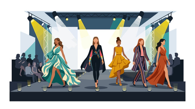 Fashion illustration of five models in trendy outfits walking down a runway with a modern, minimalist background and cinematic lighting.