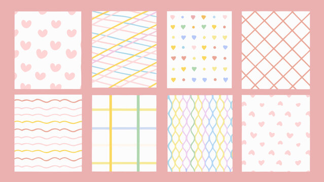 Seamless pastel heart and line patterns set colorful repeating backgrounds