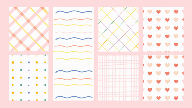 seamless pattern set with hearts checks waves and dots on pink background