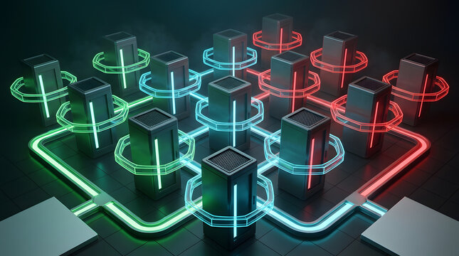 Futuristic server farm with neon glowing rings and holographic data pathways, 3D render