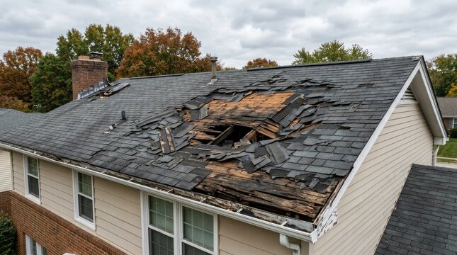 A damaged roof shows significant deterioration with missing shingles and exposed wood. The roof is gray and appears to be made of asphalt shingles.