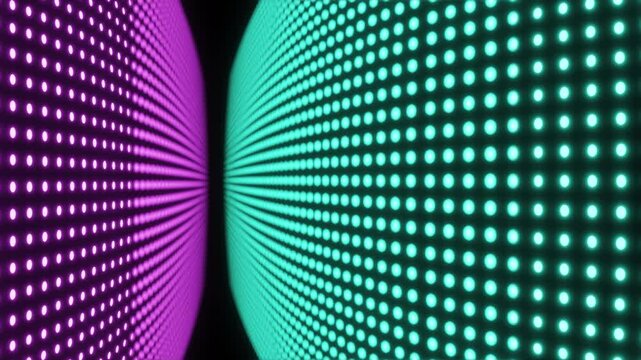 Abstract technological background featuring smoothly moving walls of glowing magenta and cyan dots split down the middle for cyber digital projects