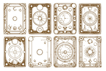 Obraz premium Celestial Astrology Tarot Card Borders and Mystical Frame Set with Sun, Moon, and Alchemy Symbols. Vintage Esoteric Ornate Elements for Horoscope, Magic, and Zodiac Design. Vector.
