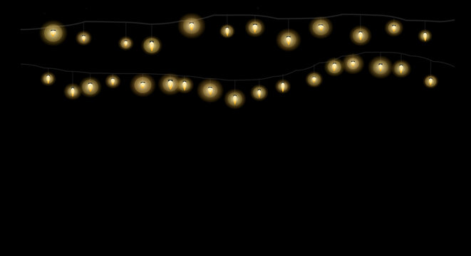 Diagonal arrangement of warm string lights against a dark night sky.