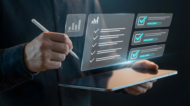 Hand using stylus on tablet showing analytics dashboards and checklist verification icons