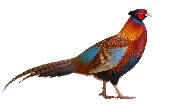 Colorful male Pheasant Standing Profile View with Long Tail Feathers