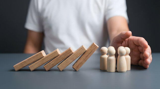 Business risk concept with hand selecting wooden figures and pushing falling blocks on table