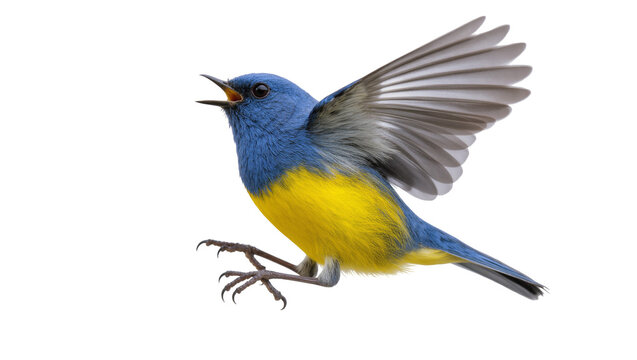 Blue yellow winged bird singing with open beak in flight