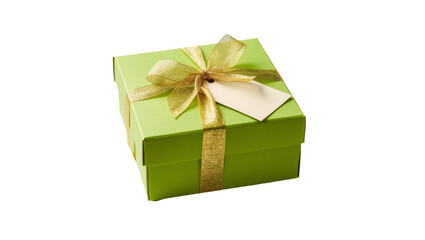 Obraz premium Green gift box with gold ribbon and paper tag