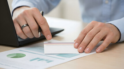 Fototapeta premium Business hands signing contract with pen beside laptop and financial charts on desk