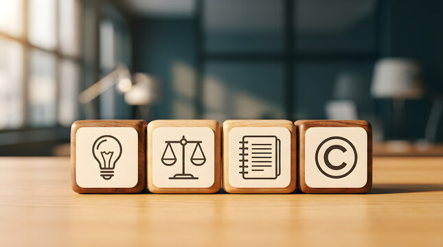Wooden blocks with icons for ideas, justice, document, and copyright in modern office